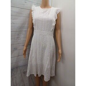 Ecowish Womens Elegant White Midi Dress Eyelet Lined Sz M  Sleeveless Ruffles